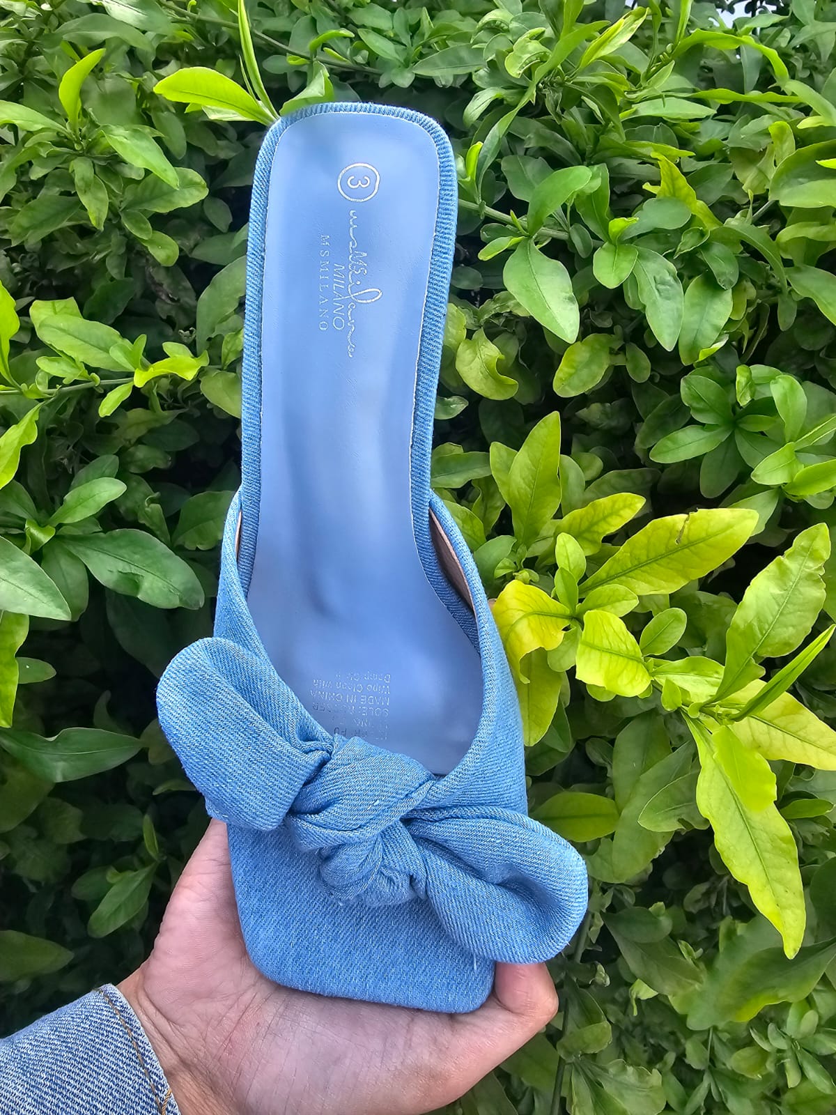 Bow Knot Square Toe Heels – Denim Mid Heel Mules