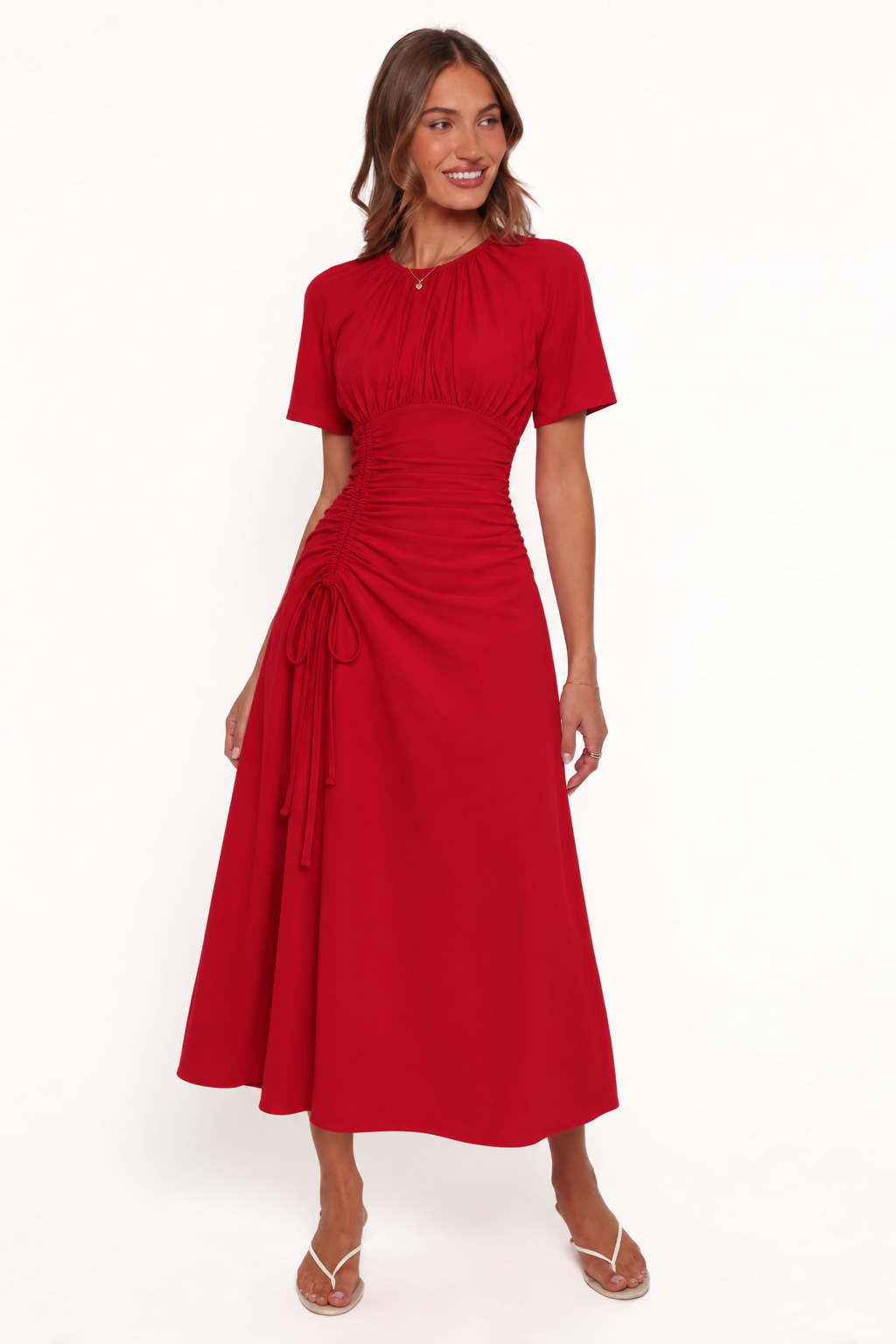 Adjustable Ruched Short-Sleeve Maxi Dress