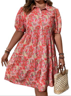 Floral Puff Short Sleeve Button-Down Midi Dress