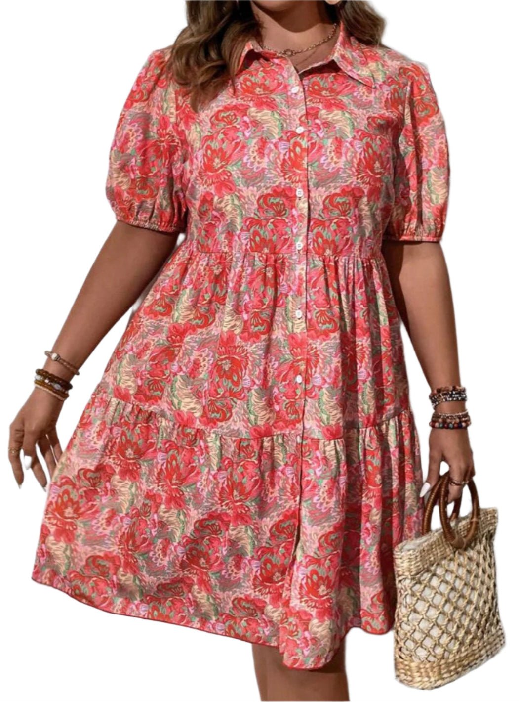 Floral Puff Short Sleeve Button-Down Midi Dress