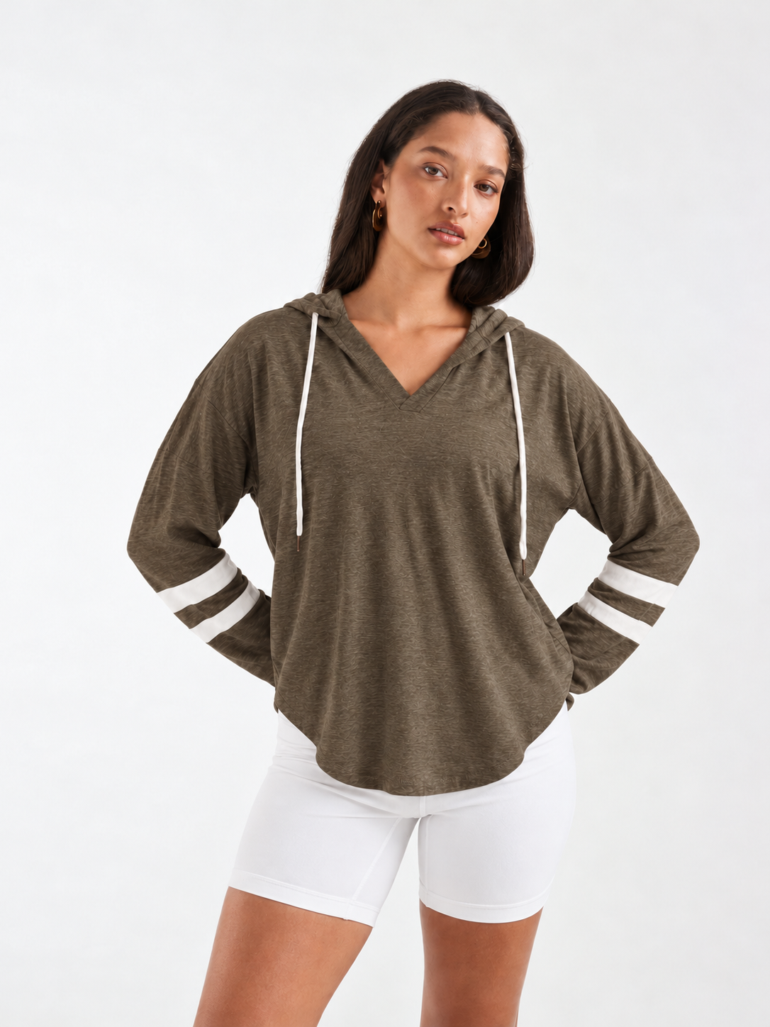 Thin Stripe Hooded Long Sleeve T-Shirt