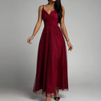 Pleated Mesh Evening Maxi Dress