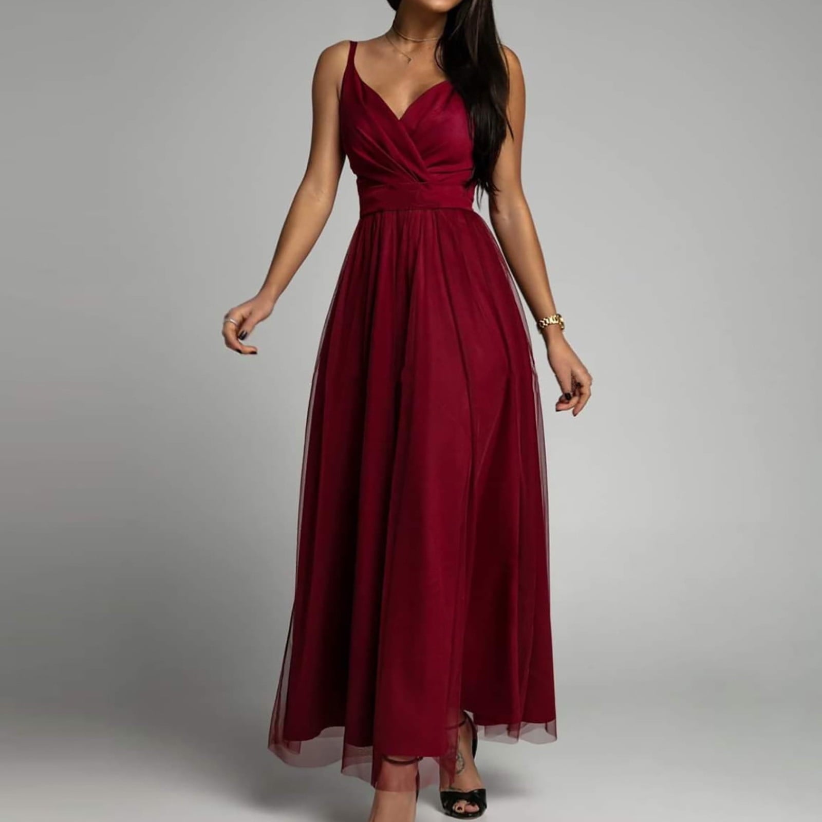 Pleated Mesh Evening Maxi Dress