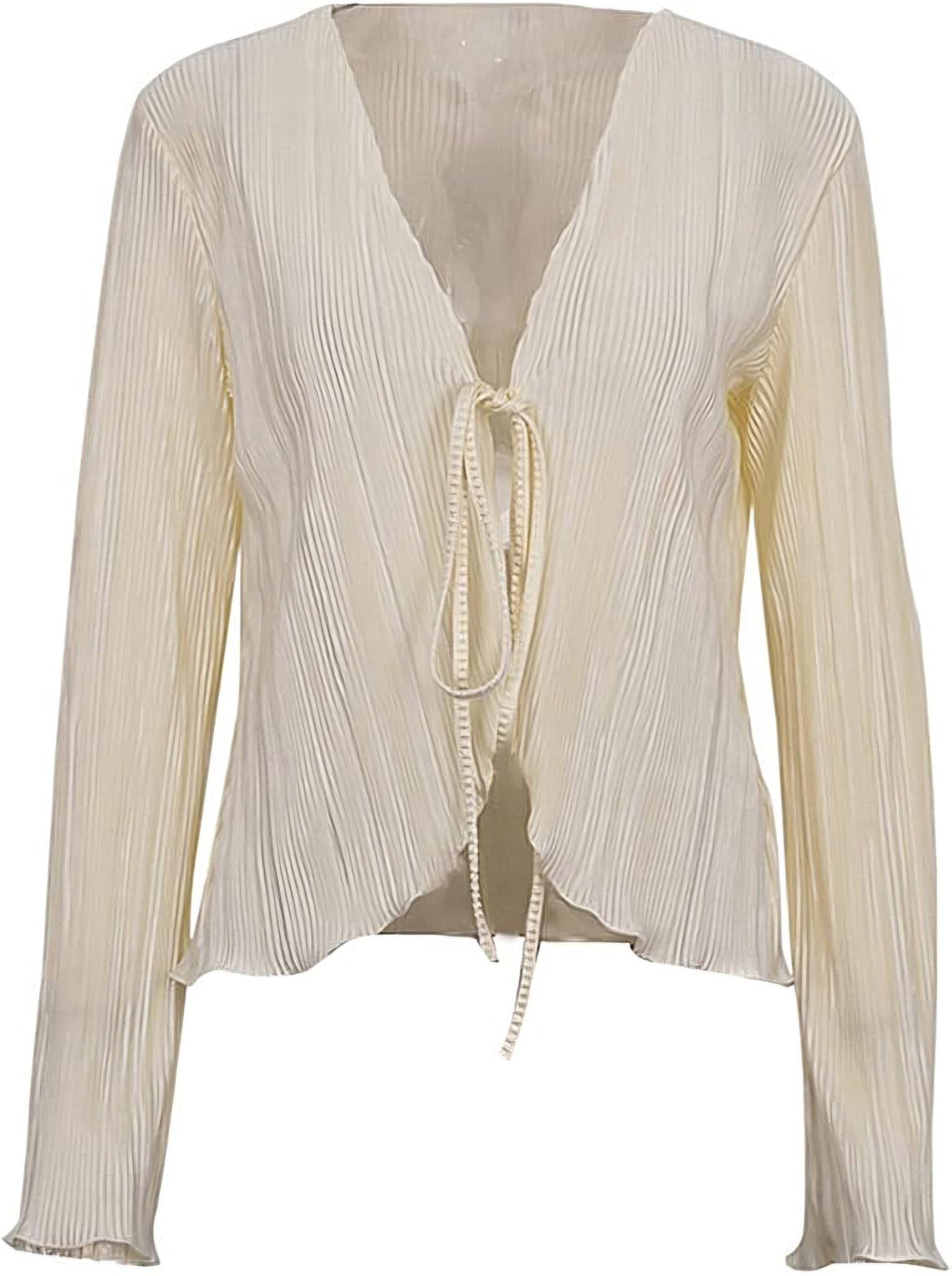 Casual Loose Long Sleeve Pleated Blouse – Lace-Up Front & Flare Sleeves