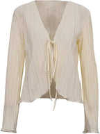 Casual Loose Long Sleeve Pleated Blouse – Lace-Up Front & Flare Sleeves