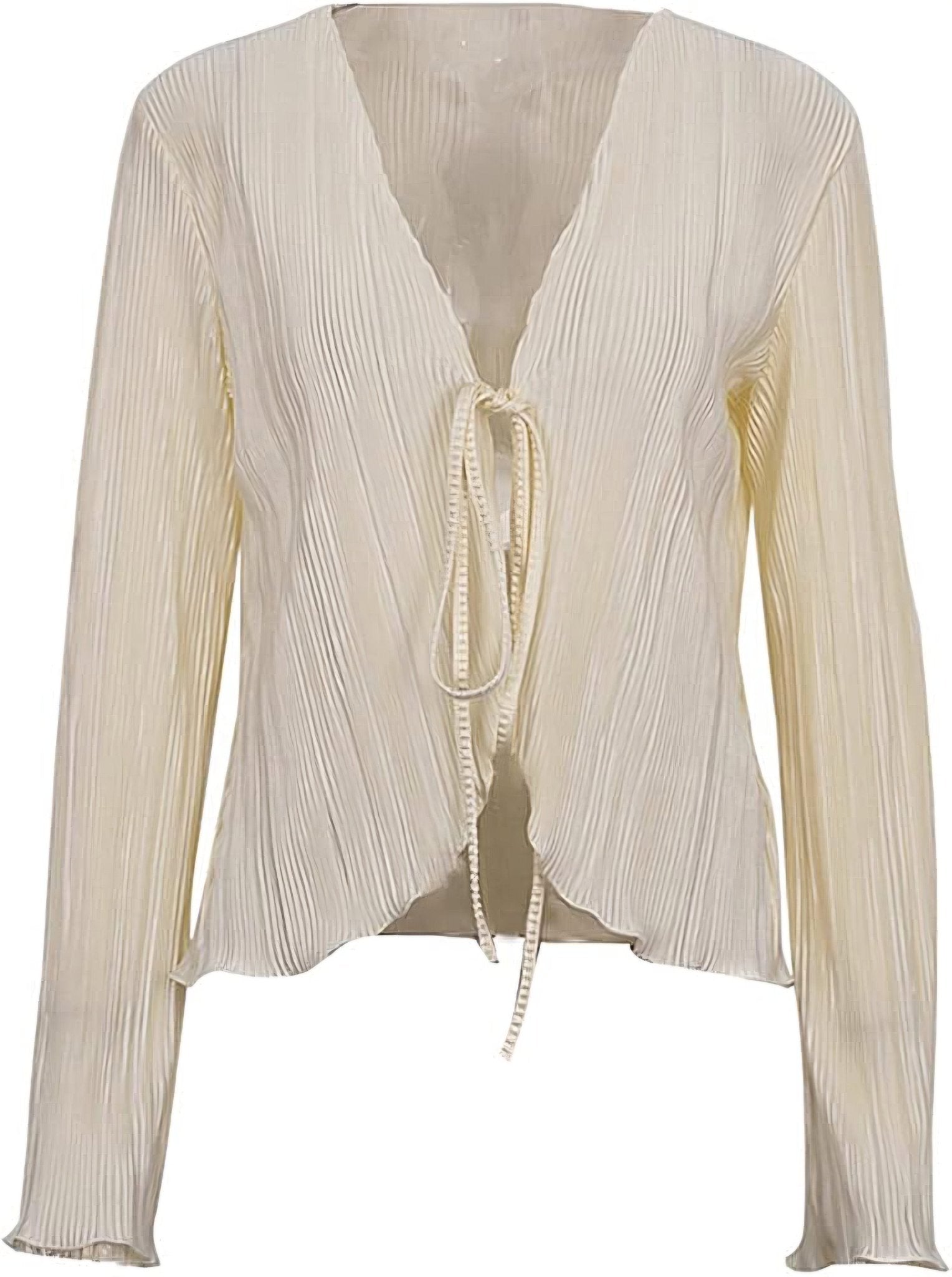 Casual Loose Long Sleeve Pleated Blouse – Lace-Up Front & Flare Sleeves