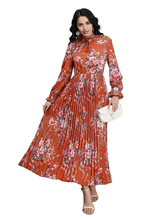 Elegant Floral Modest Pleated Maxi Dress