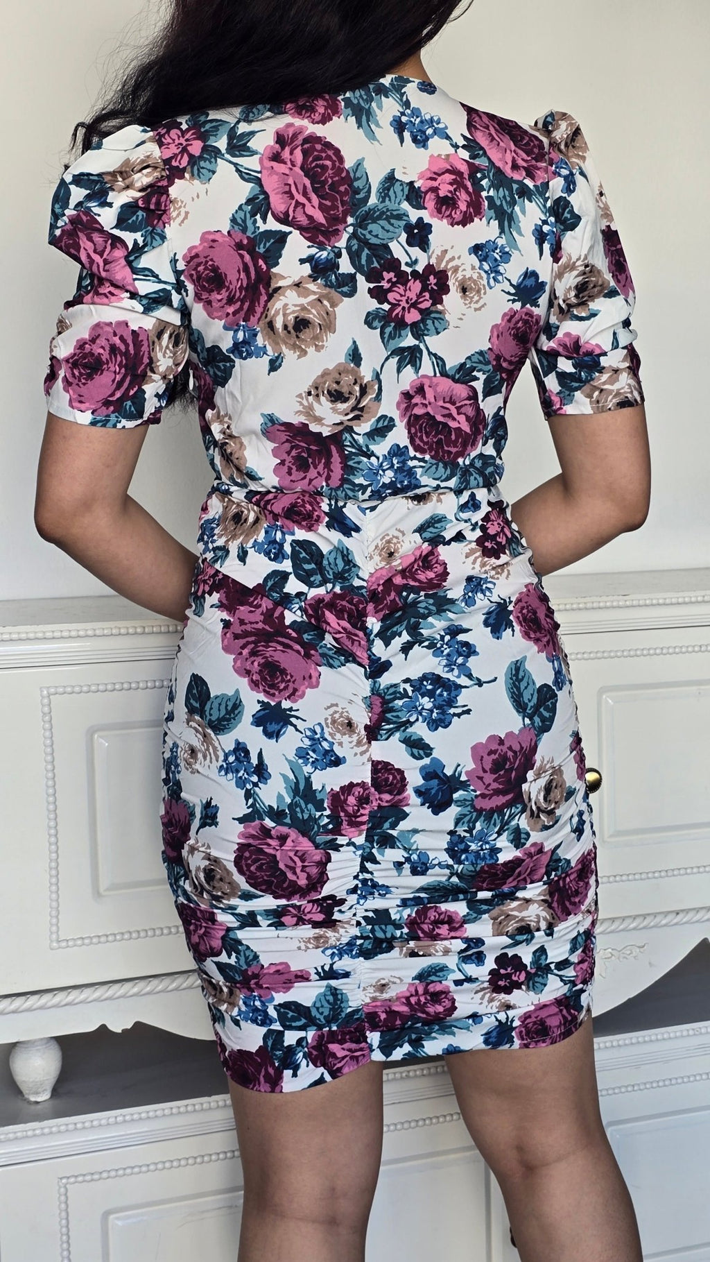 Floral Ruched Short Sleeve Mini  Bodycon Dress