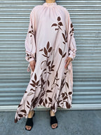 Flowy Long Sleeve Maxi Dress with Leaf Print