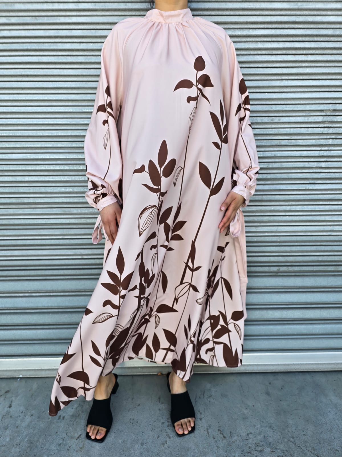 Flowy Long Sleeve Maxi Dress with Leaf Print