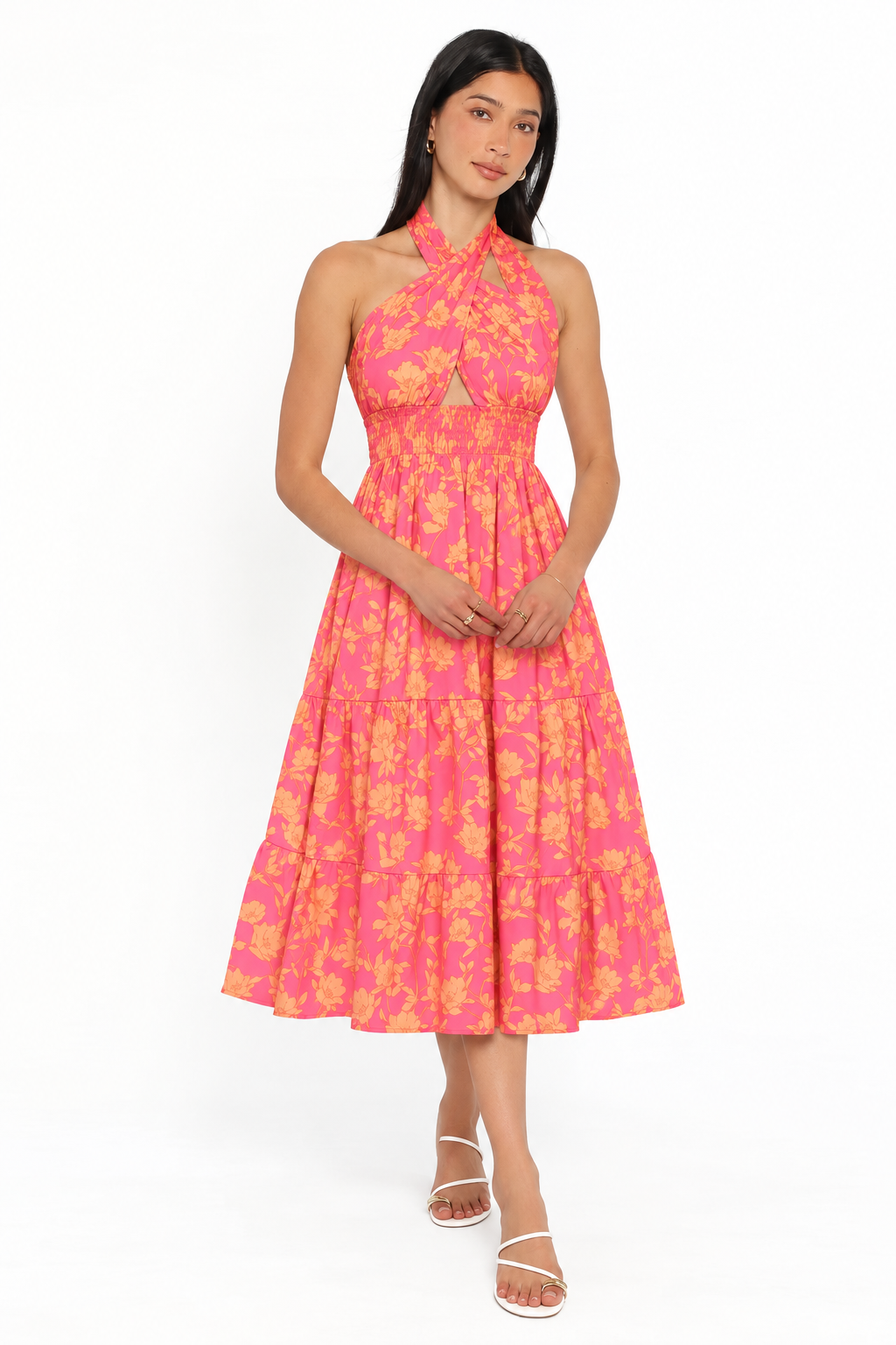 Pink Floral Neck Wrap Midi Dress