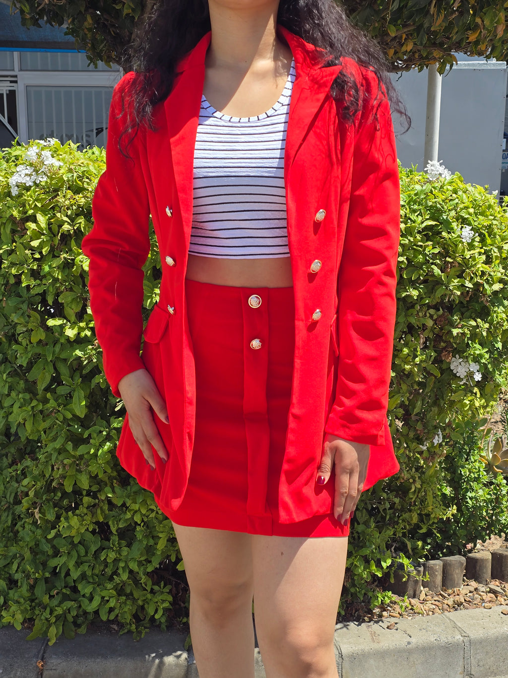 Crimson Red Double Breasted Suit Skirt Set