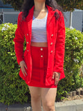 Crimson Red Double Breasted Suit Skirt Set