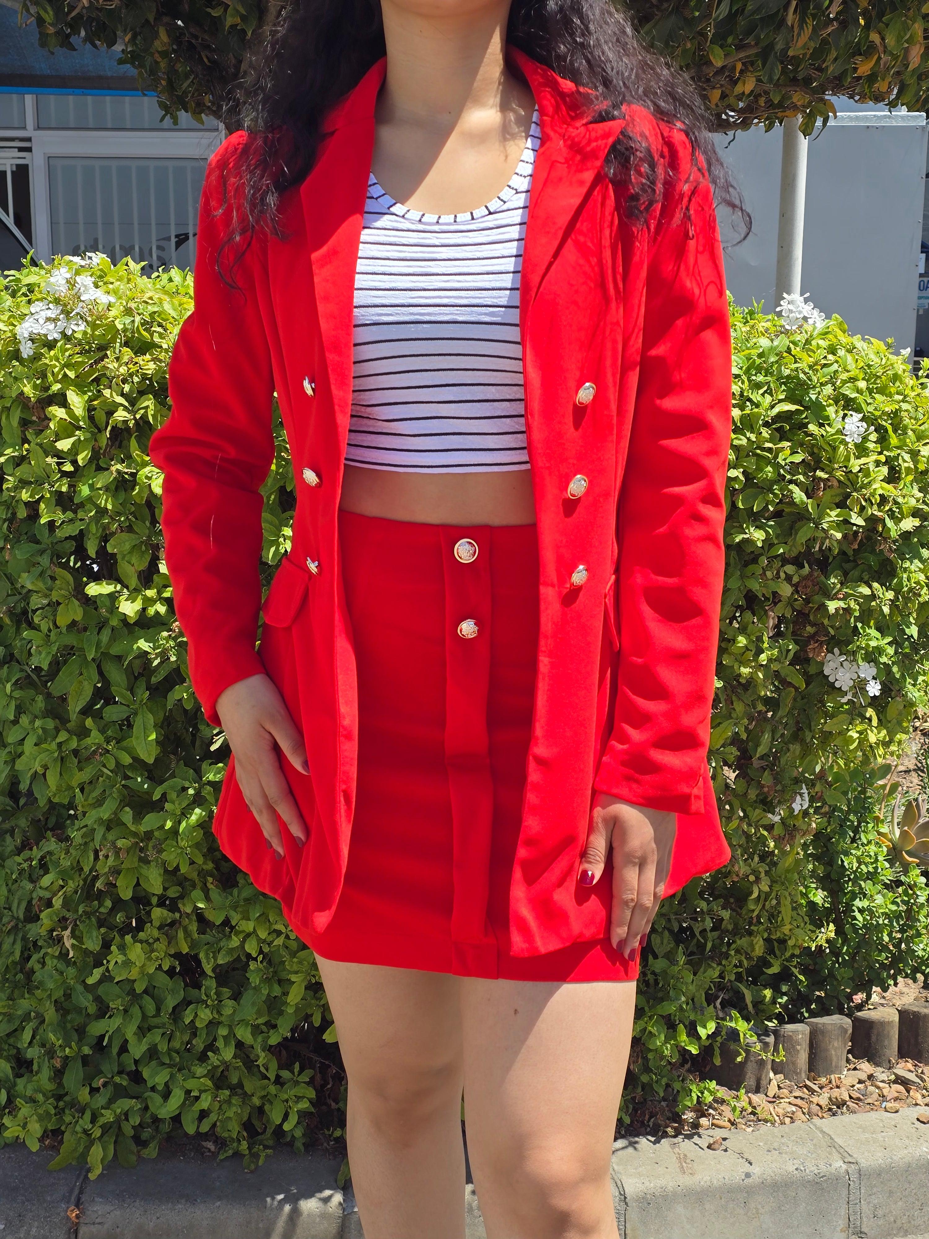 Crimson Red Double Breasted Suit Skirt Set