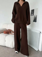 Relaxed Knit Collar Top & Wide Leg Pants 2-Piece Lounge Set