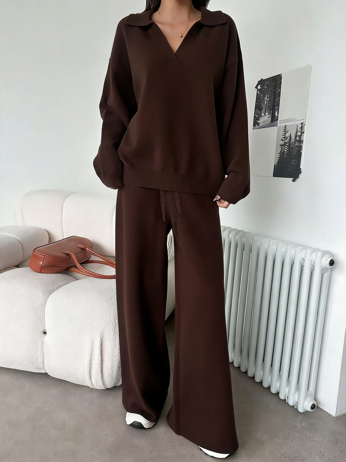 Relaxed Knit Collar Top & Wide Leg Pants 2-Piece Lounge Set