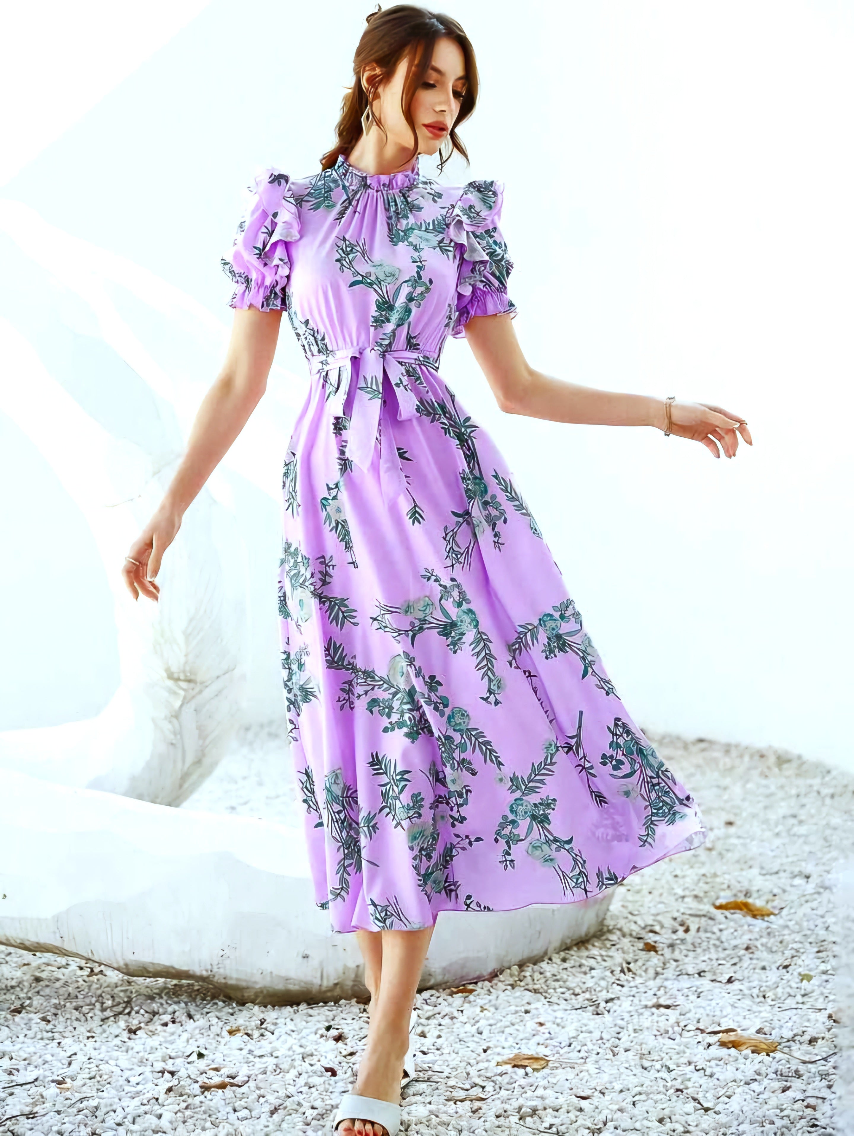 Floral Print Puff Frill Sleeve Midi Dress without Belt