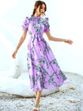 Floral Print Puff Frill Sleeve Midi Dress without Belt