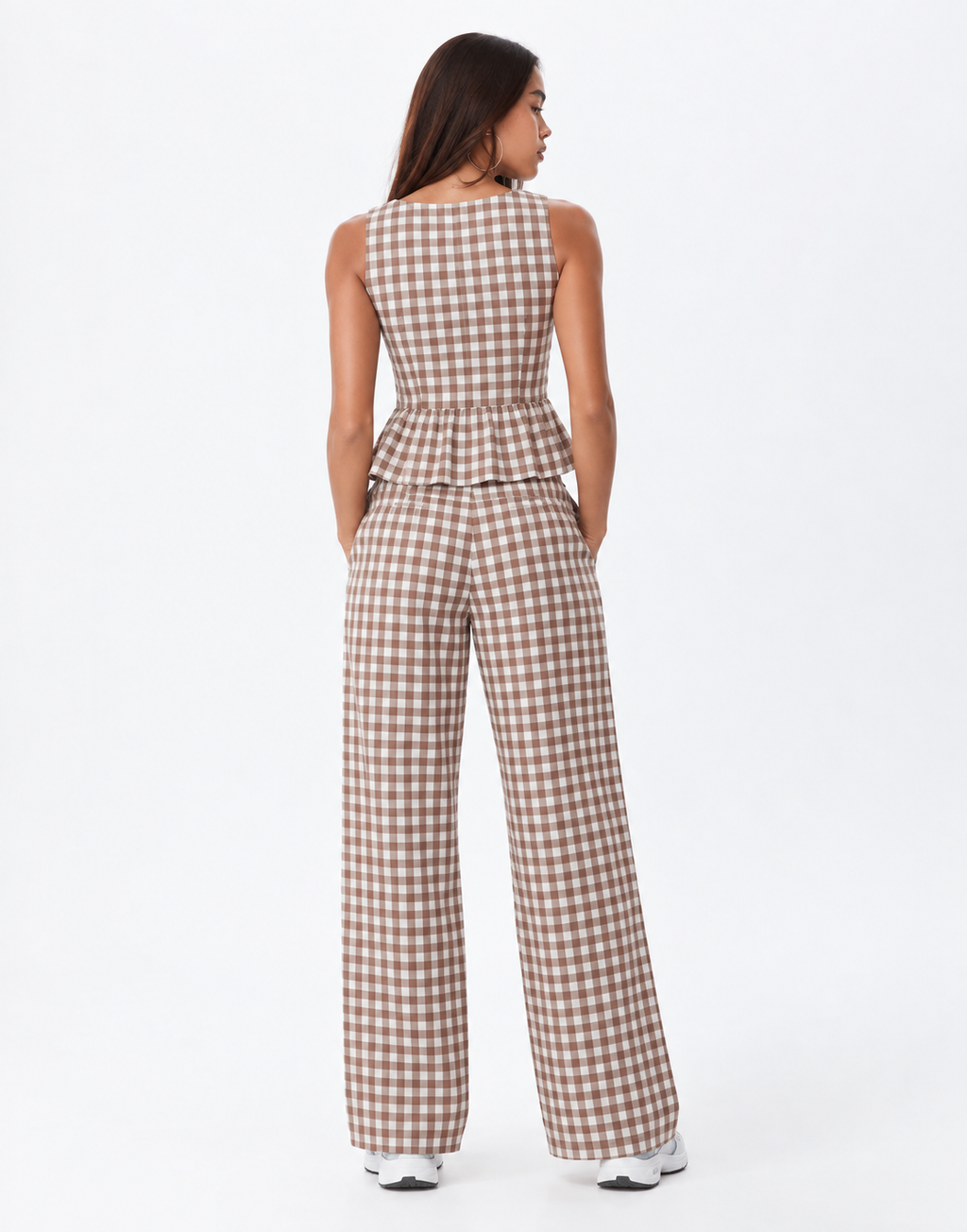 Checked Peplum Wide-Leg Trouser Set