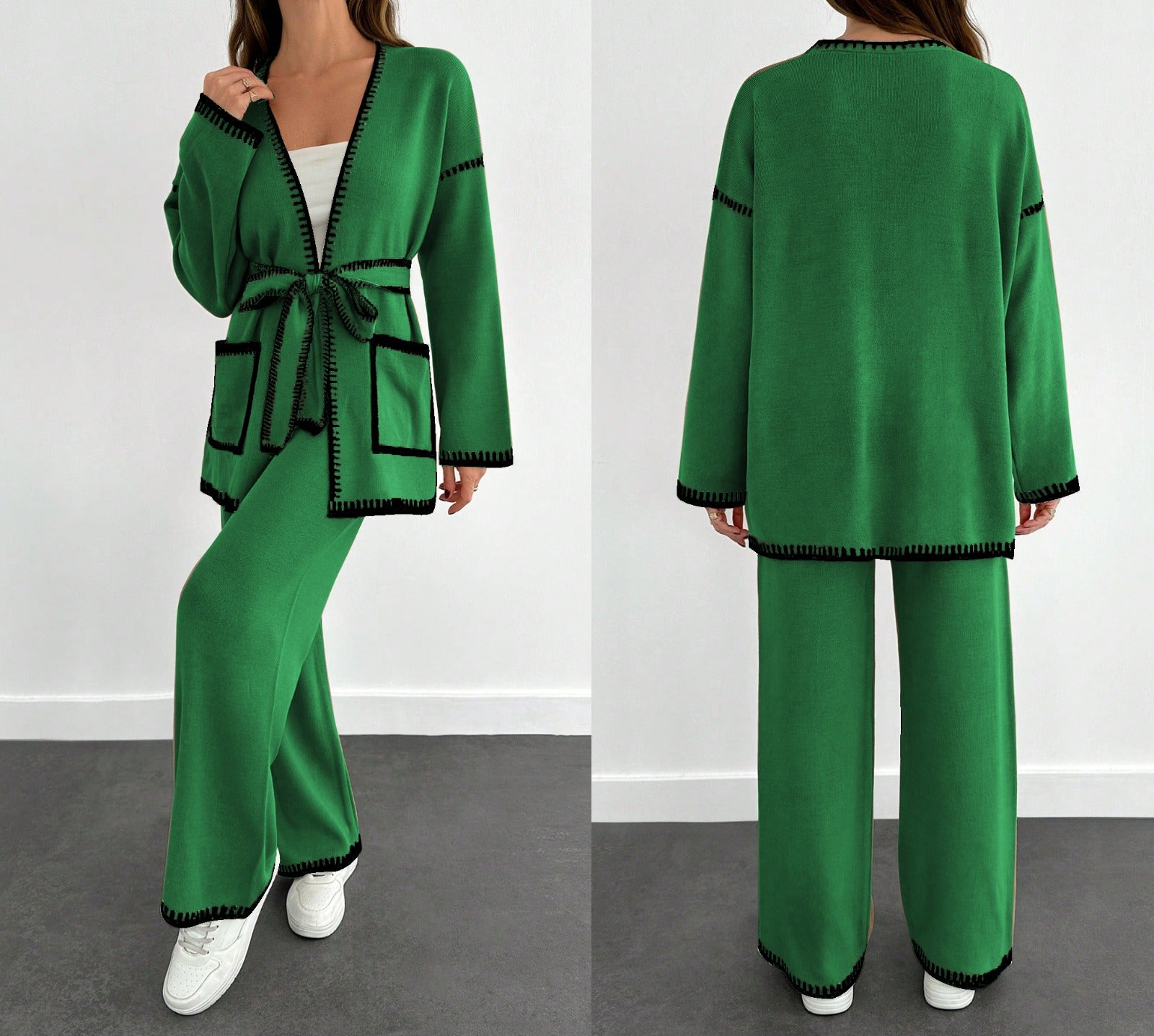 Two-Piece Knit Cardigan & Wide Leg Pants Set