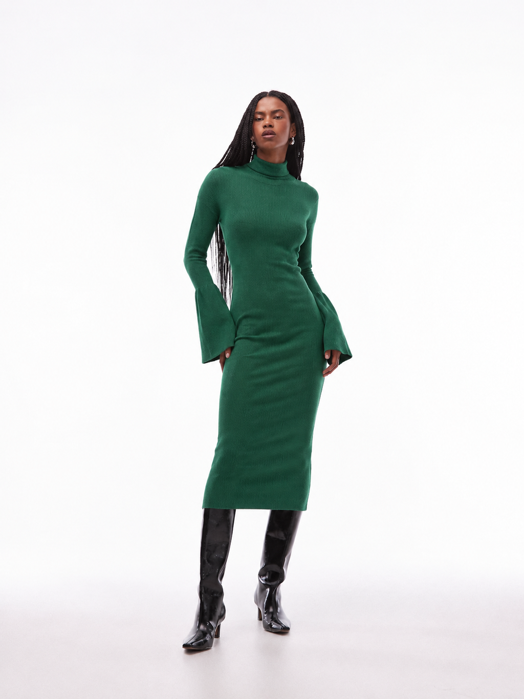 Ribbed Bodycon Dress with Flare Sleeve