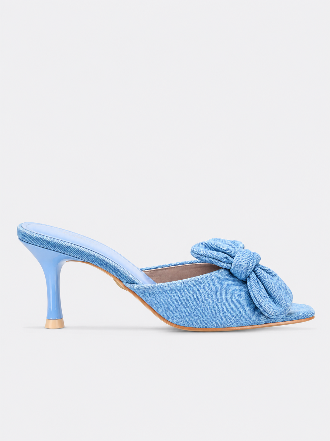 Indigo Bow Denim Mid-Heel Mules