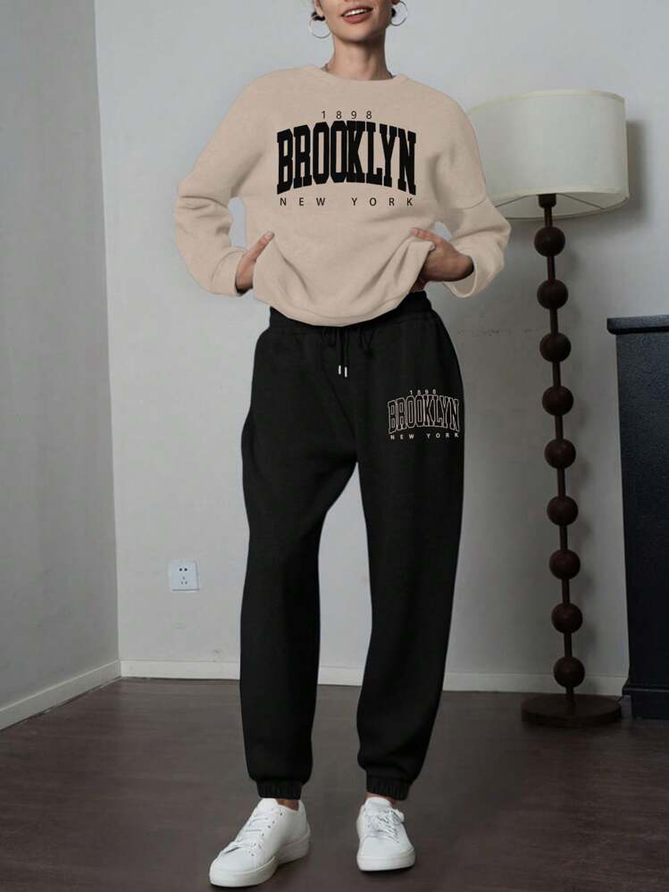 Brooklyn Print Sweatshirt & Jogger Two-Piece Set for Women