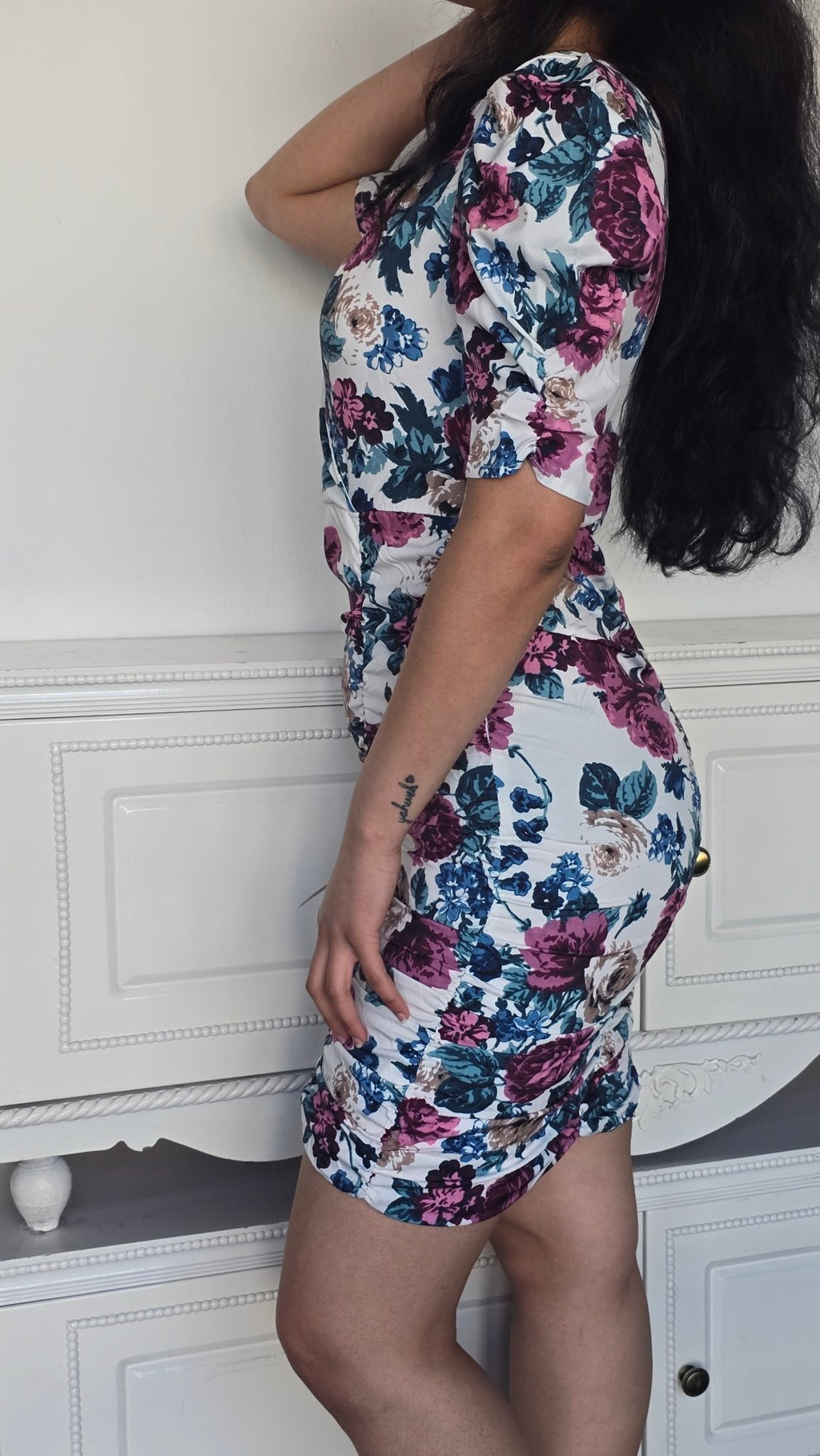 Floral Ruched Short Sleeve Mini  Bodycon Dress