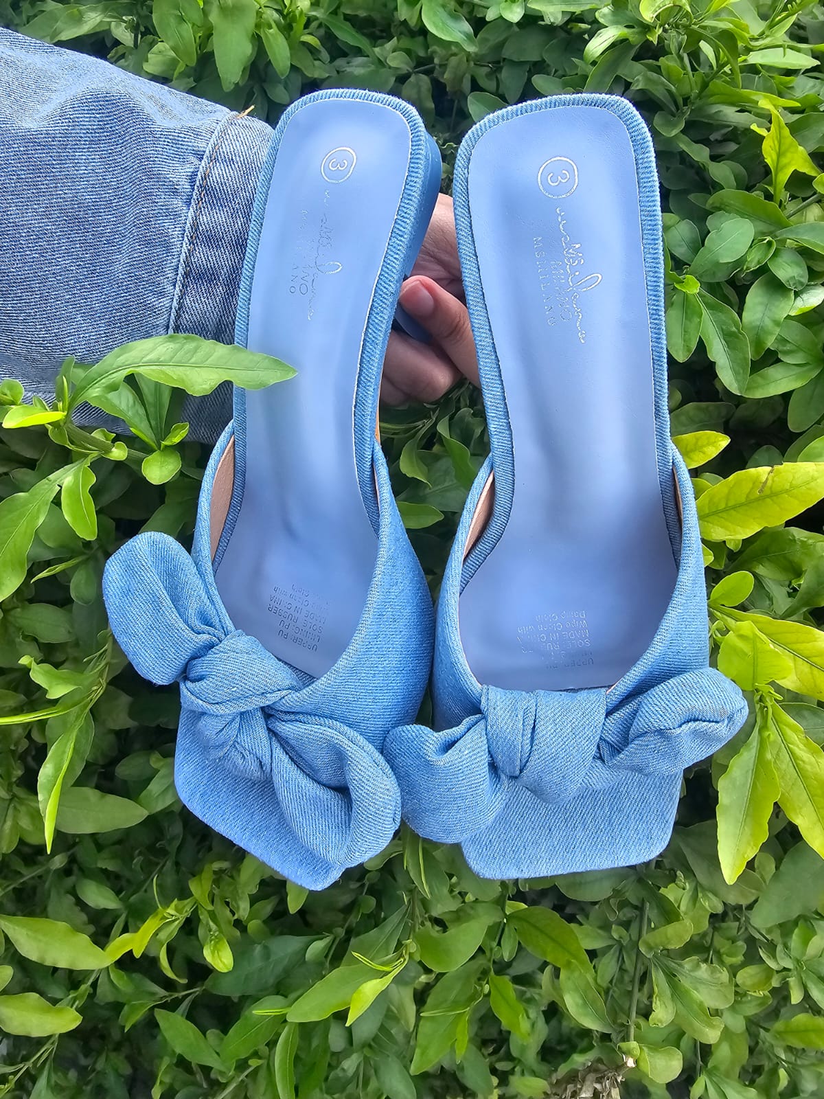 Bow Knot Square Toe Heels – Denim Mid Heel Mules
