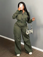 Zip Front Cargo Two-Piece Set for Women