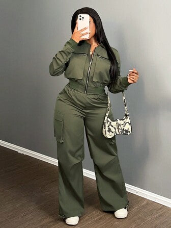 Zip Front Cargo Two-Piece Set for Women