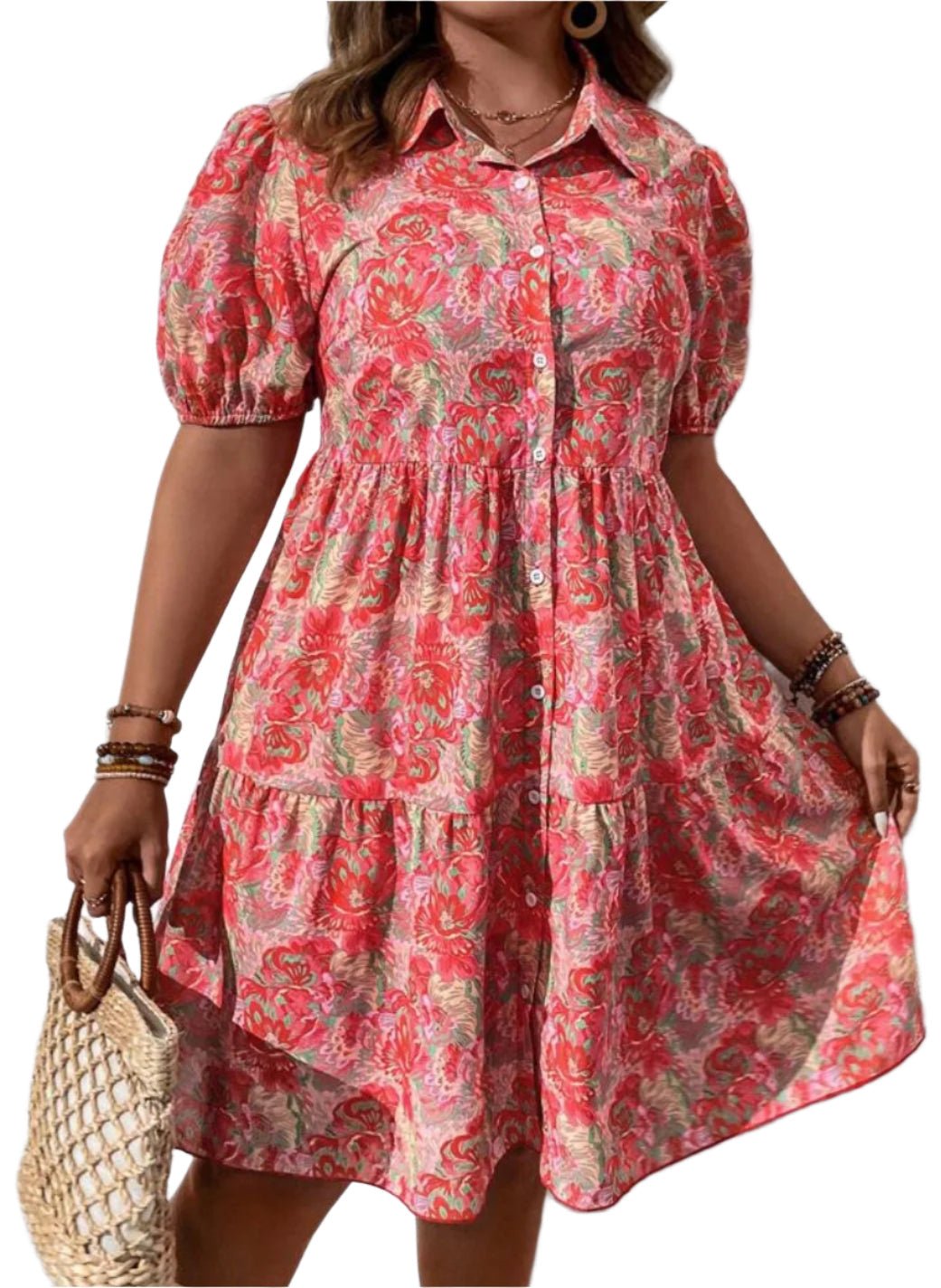 Floral Puff Short Sleeve Button-Down Midi Dress