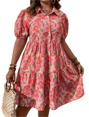 Floral Puff Short Sleeve Button-Down Midi Dress | Feminine & Timeless