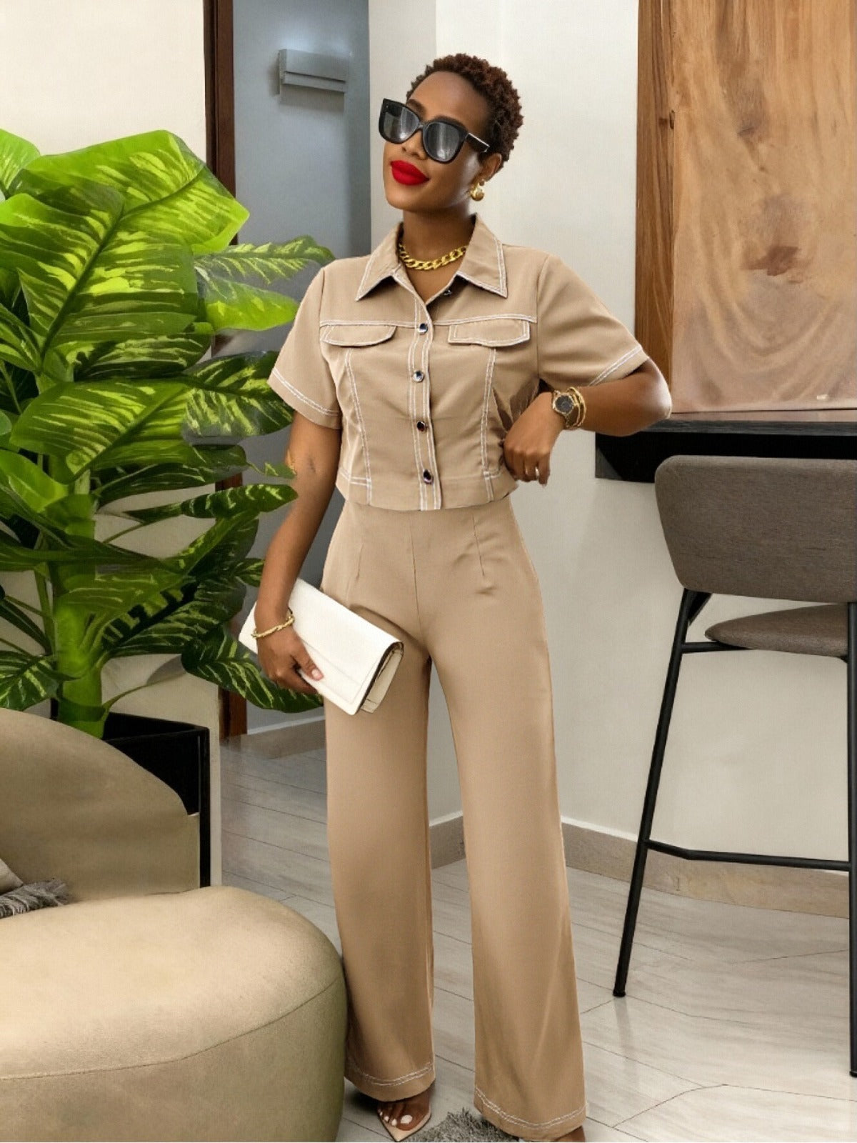 Short Sleeve Button Front Two-Piece Set for Women