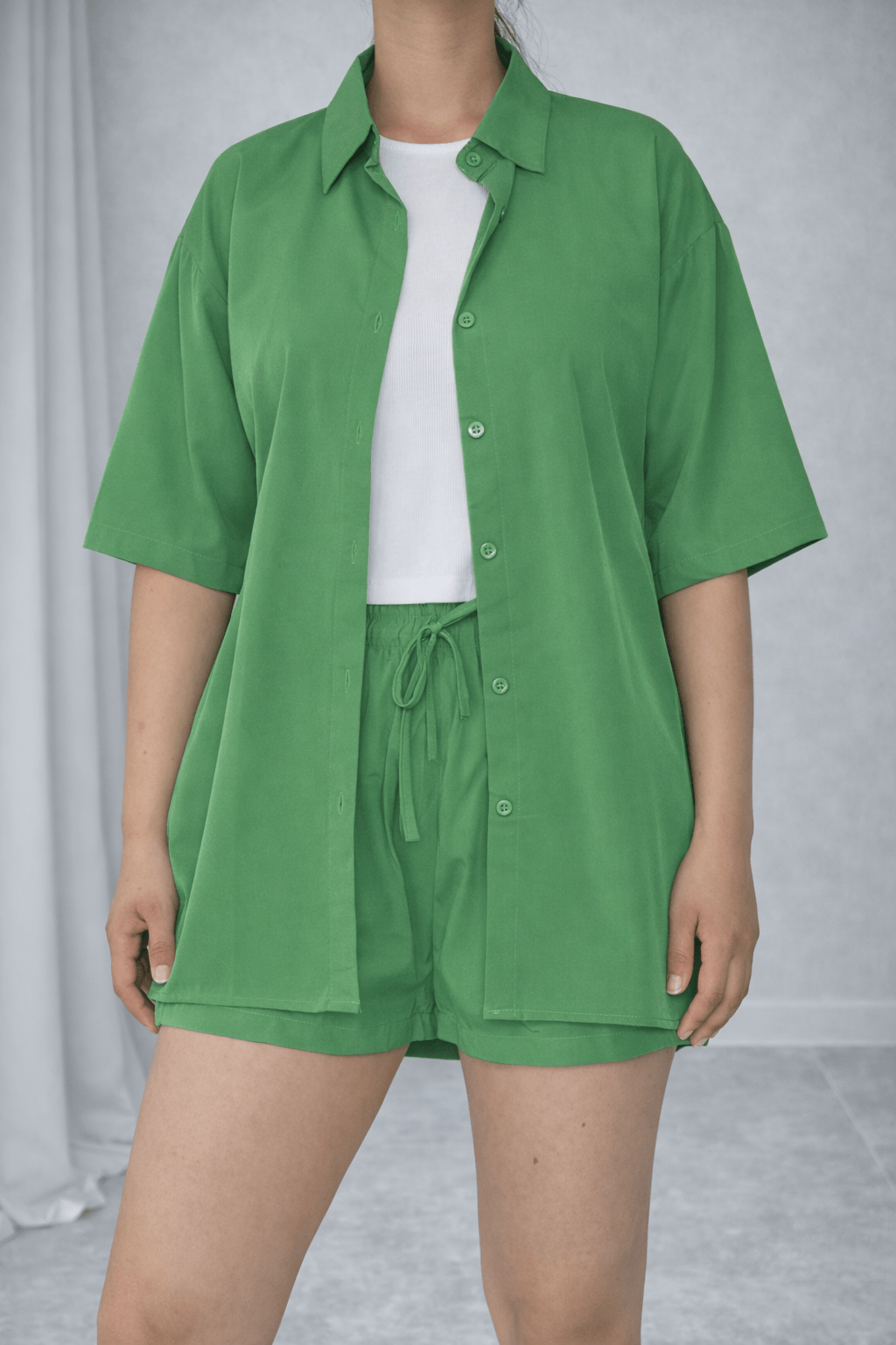 Two-Piece Button-Up Shirt & High-Waist Shorts Set