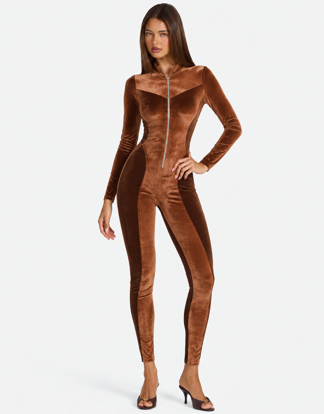 Chic Velvet Zip Up Long Sleeve Catsuit