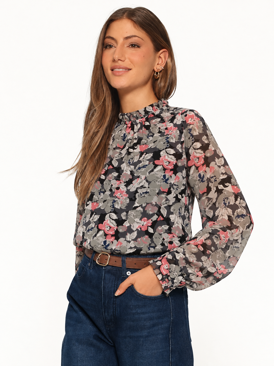 Chiffon Floral Frill Sheer Blouse