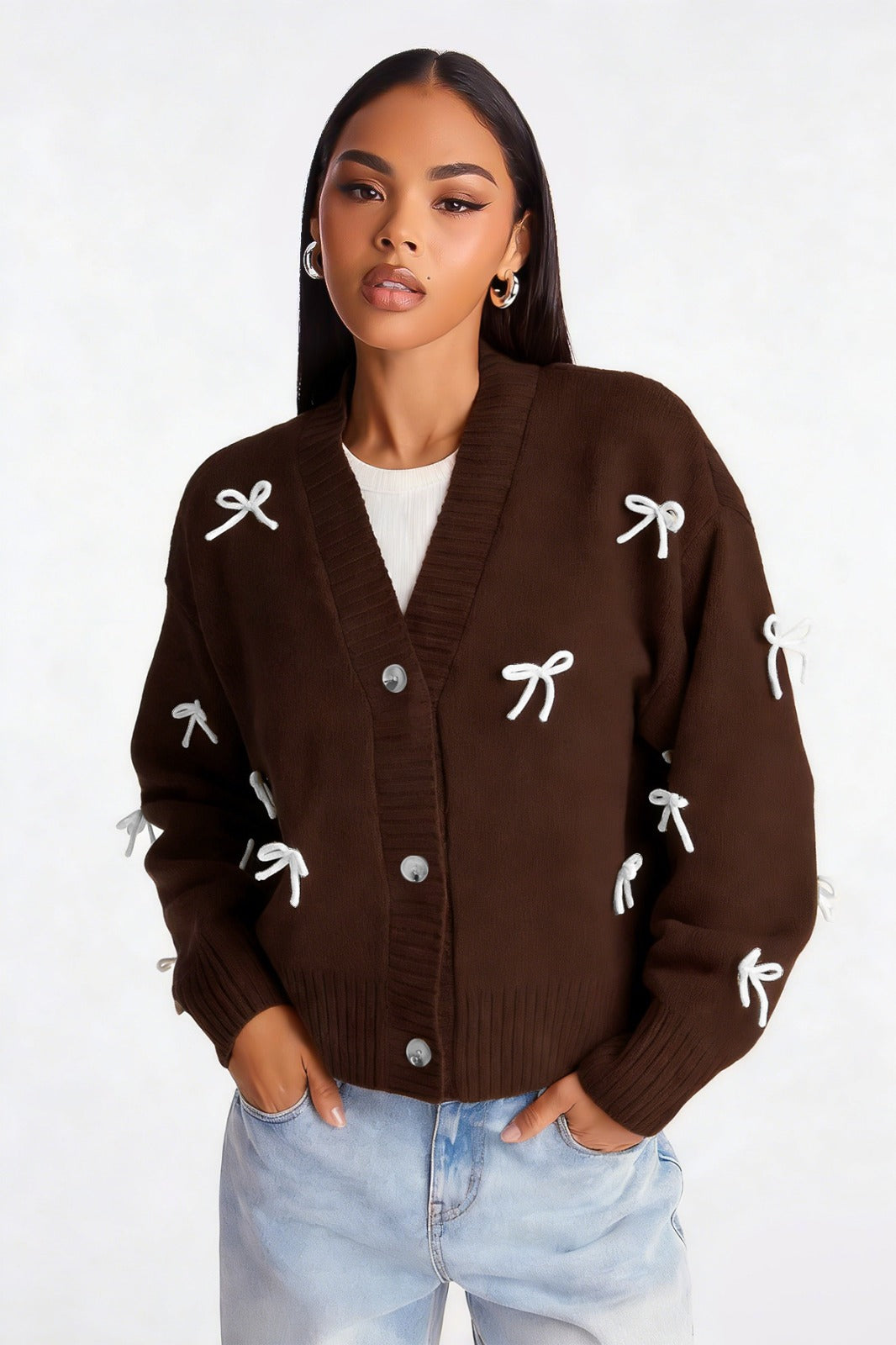 Bow Detail Button Knit Cardigan for Women