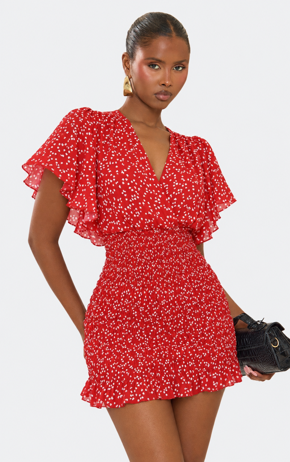 Confetti Heart Print Butterfly Sleeve Shirred Bodycon Dress