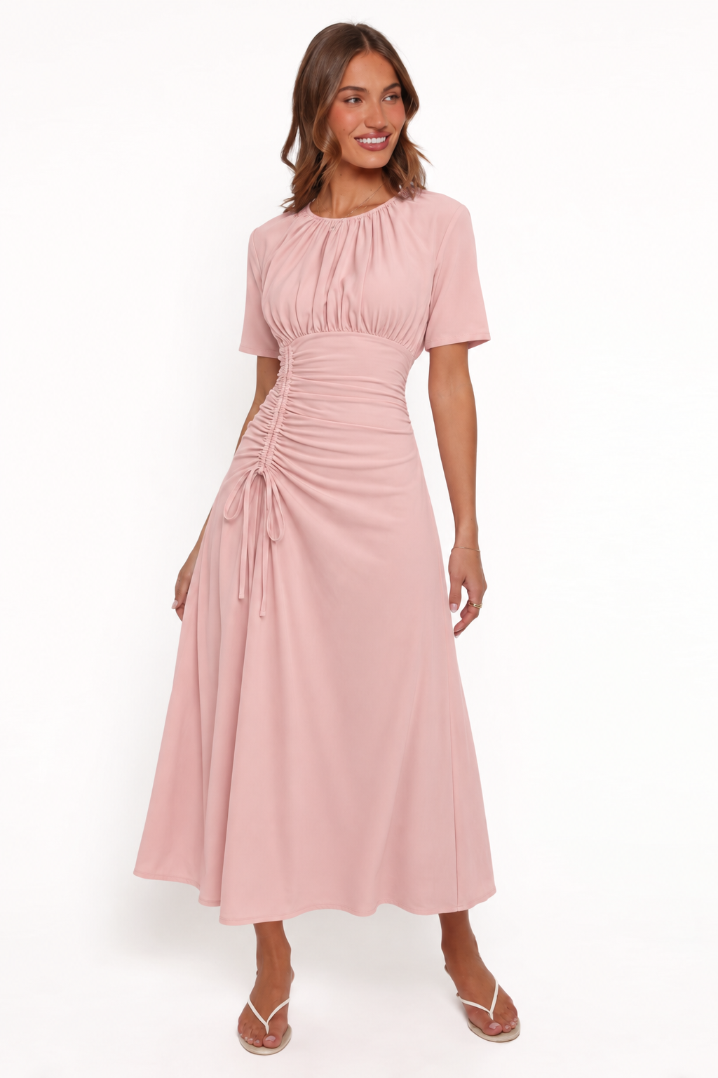 Adjustable Ruched Short-Sleeve Maxi Dress