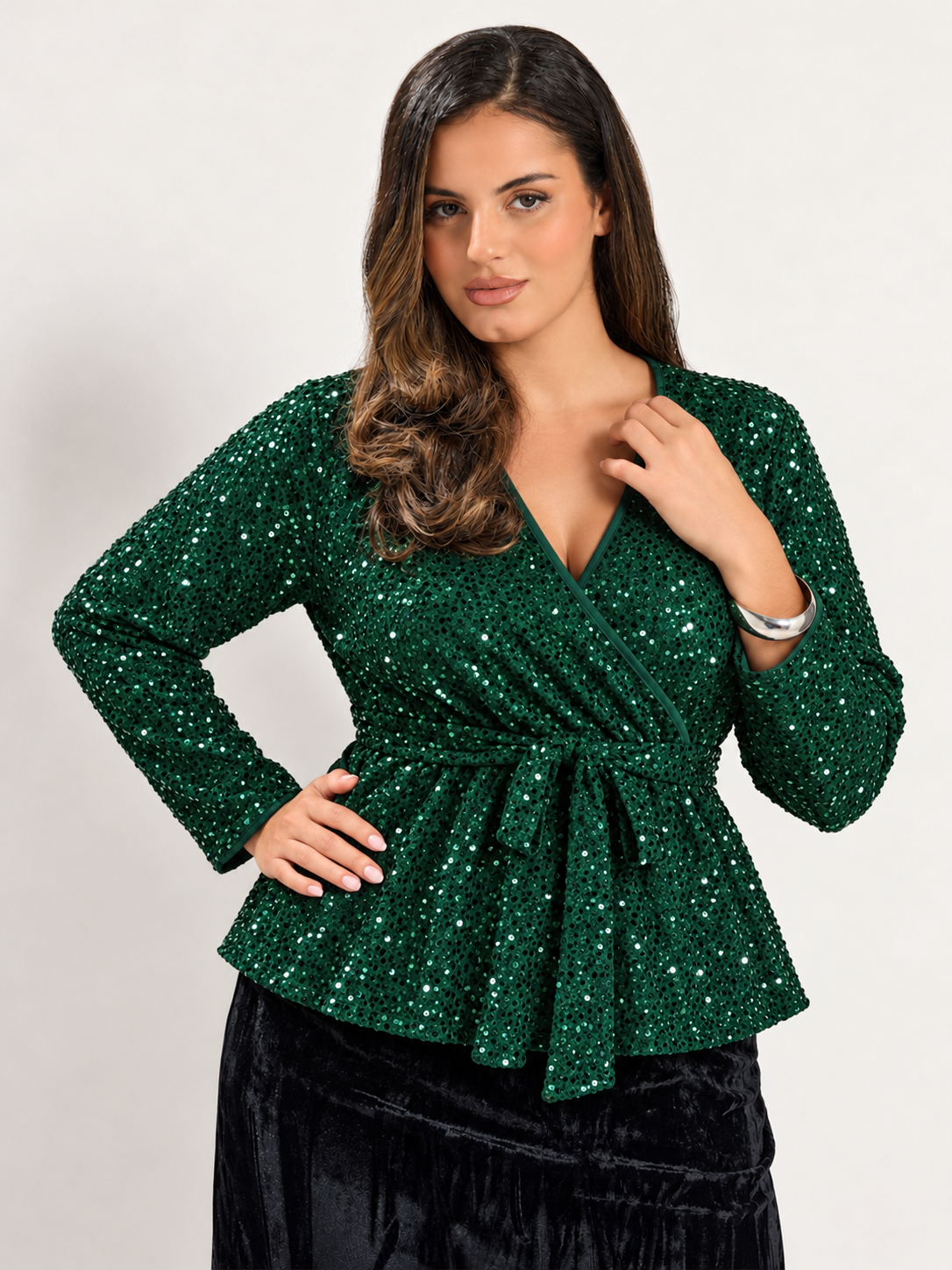 Sequin-Embellished Belted Peplum Blouse