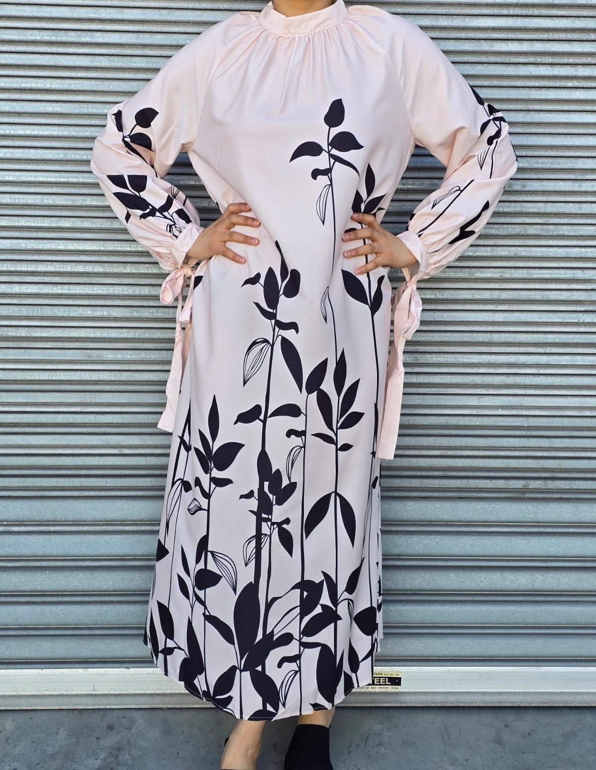Flowy Long Sleeve Maxi Dress with Leaf Print
