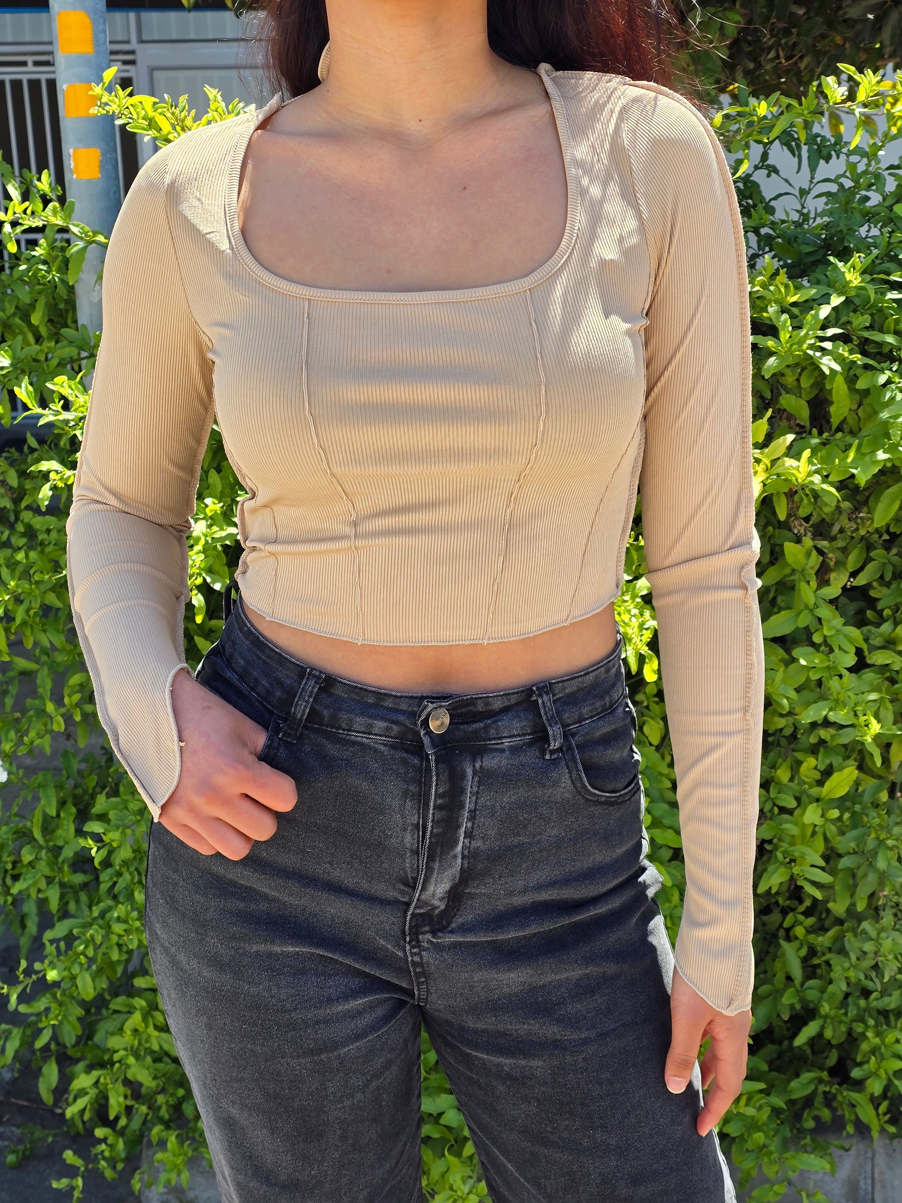 Square Neck Patchwork Long Sleeve Rib Knit Crop Top