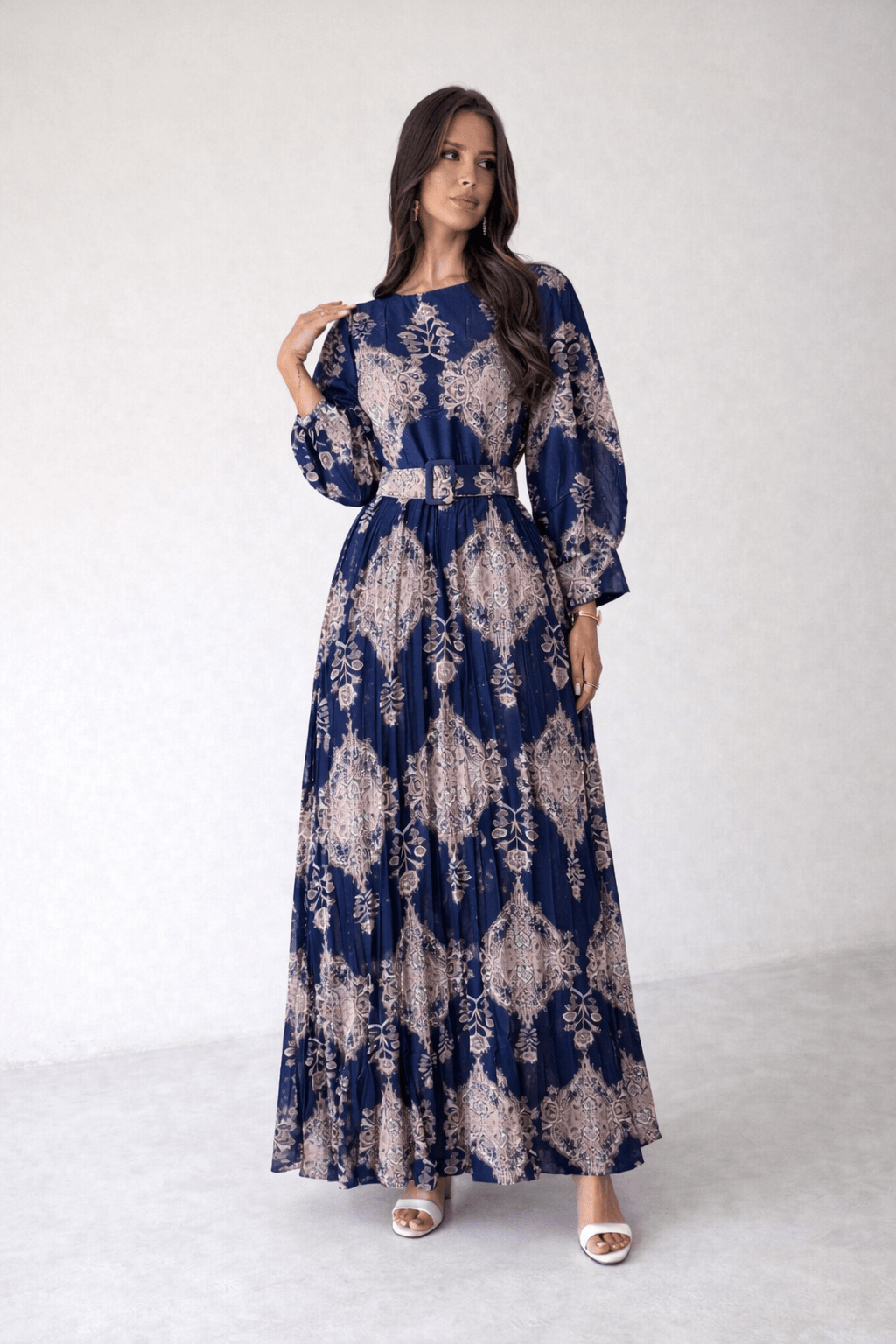 Navy Blue Elegant Patterned Belted Pleated Maxi Dress
