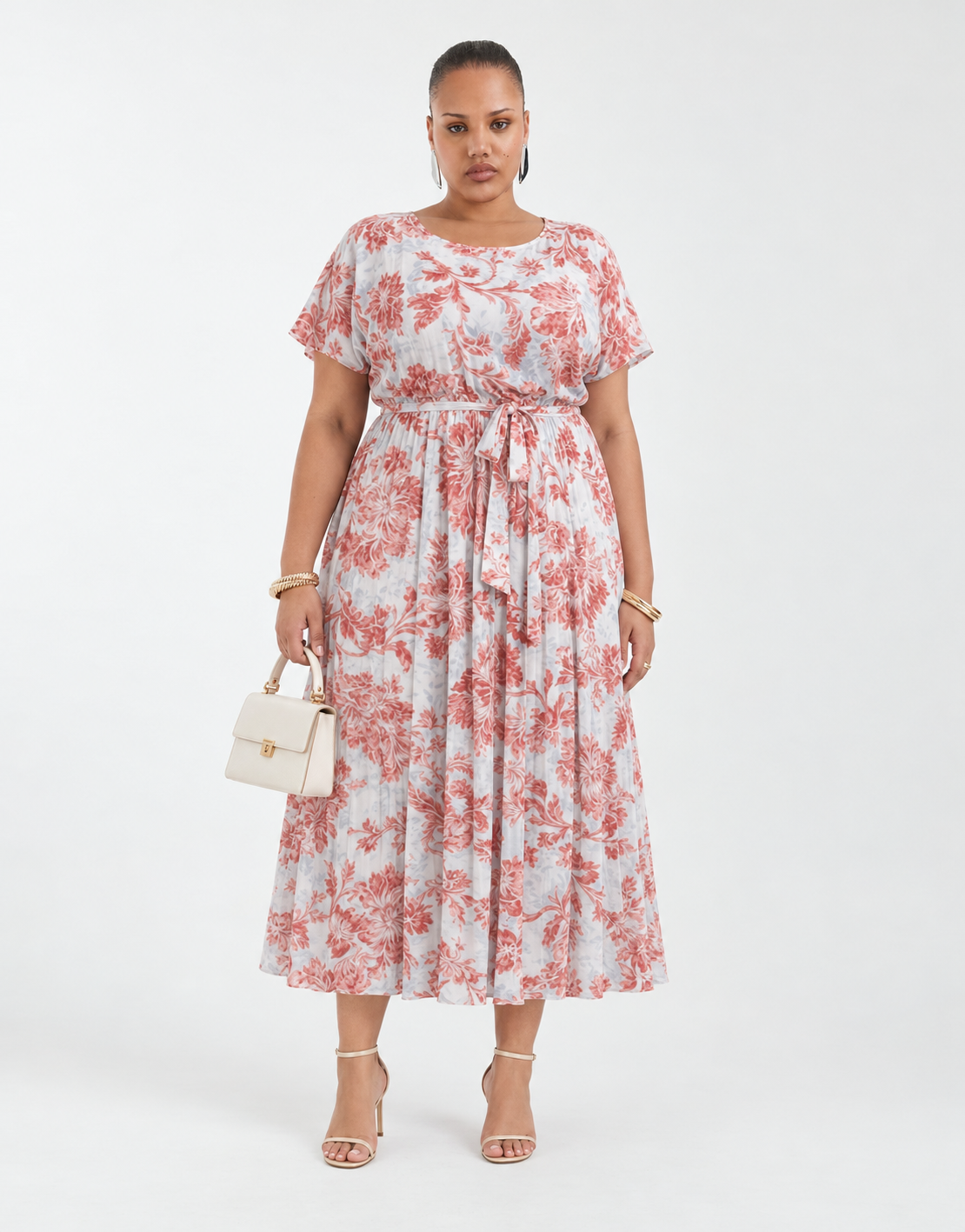 Floral Pleated Belted Midi Dress