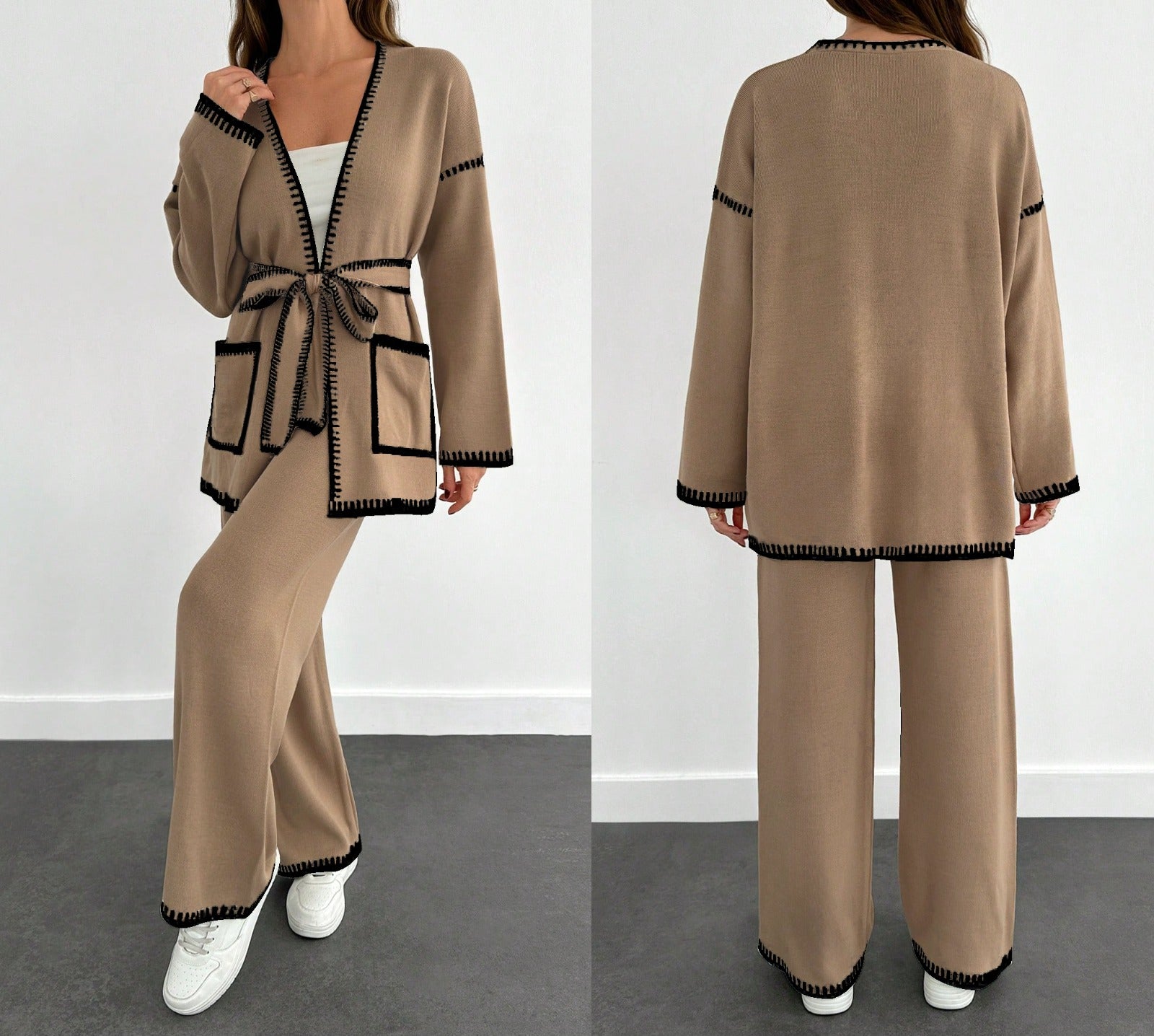Two-Piece Knit Cardigan & Wide Leg Pants Set