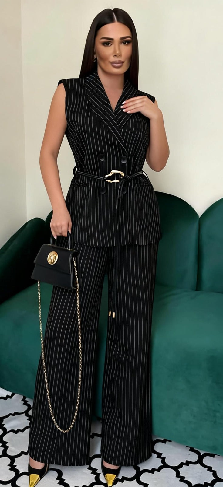 Sleeveless Pinstripe Vest & Wide Leg Pants Set