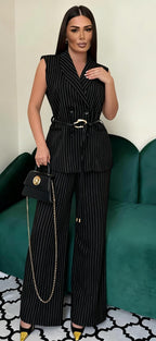 Sleeveless Pinstripe Vest & Wide Leg Pants Set