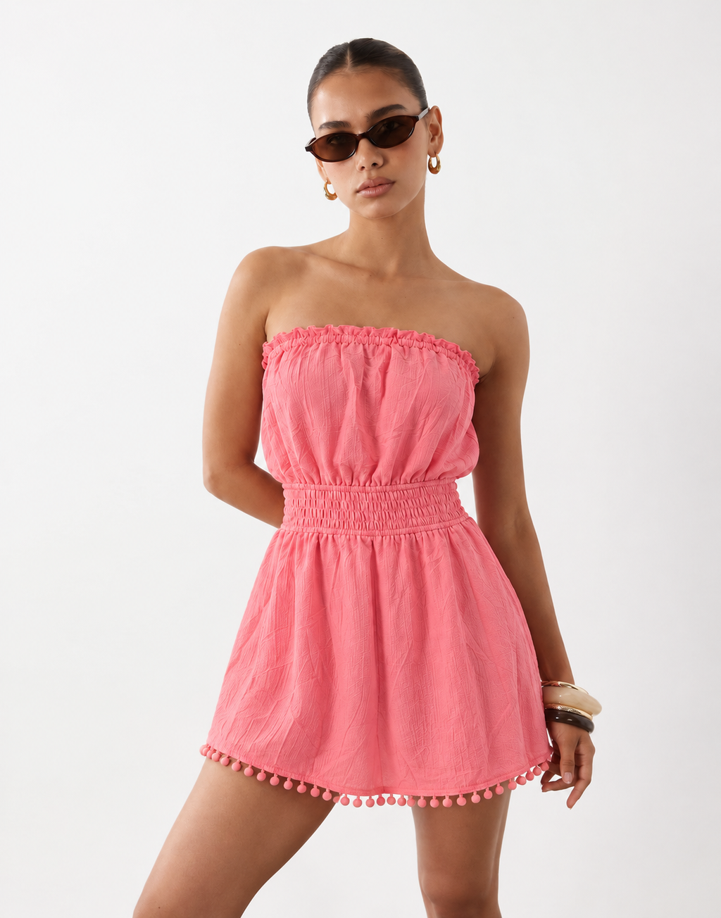 Pom-Pom Trim Tube Mini Dress