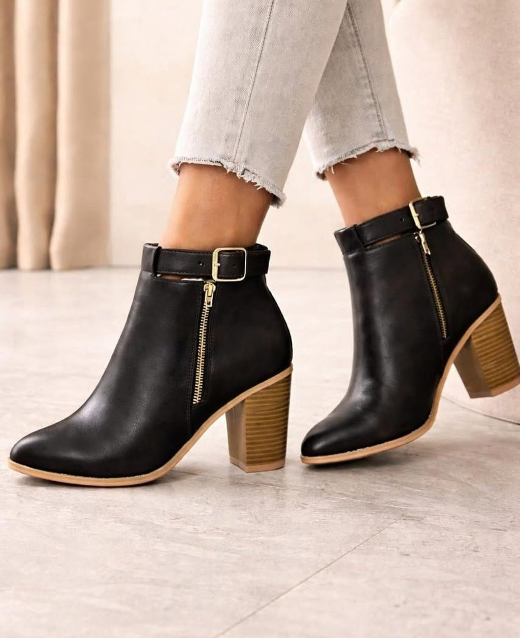 Luxe Zip Strap Block Heel Ankle Boots
